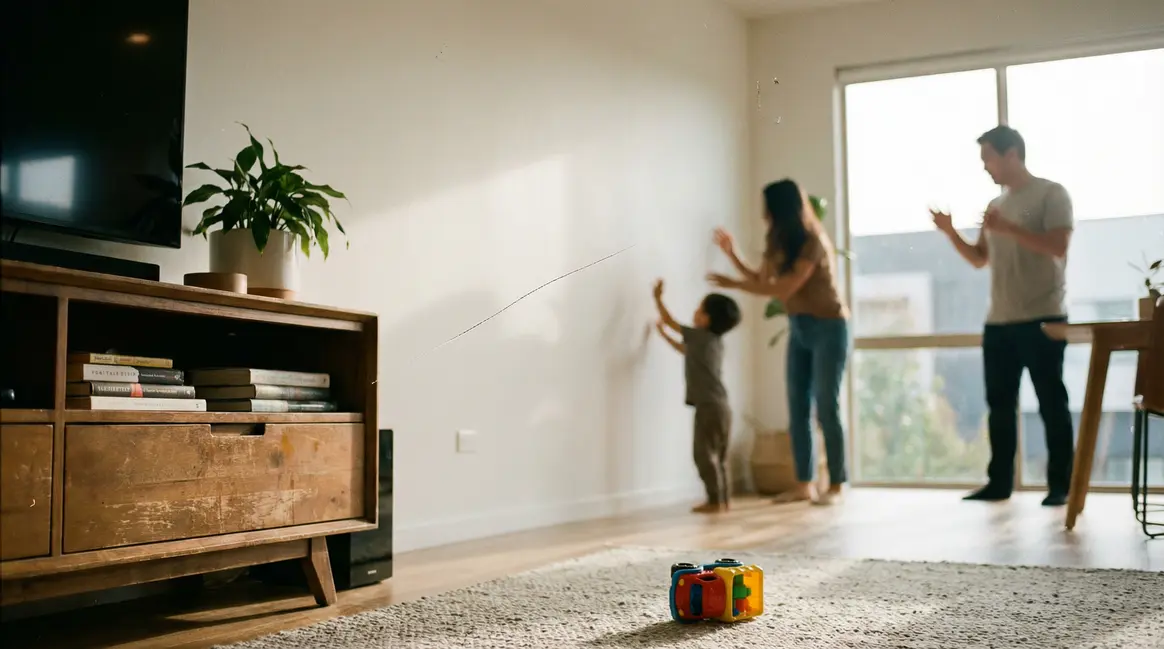 Mur blanc rayé dans salon moderne, famille réagit, astuces réparation rapide