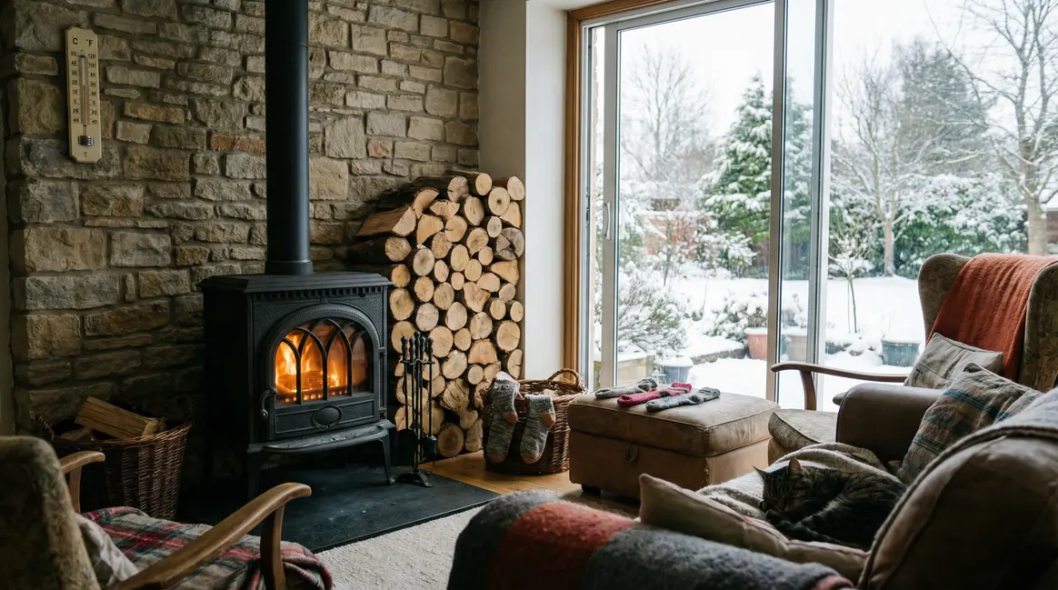 Salon avec poêle à bois moderne et buches rentables