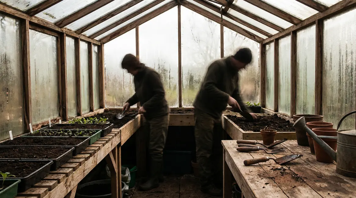 Jeunes plants semis printemps lumière naturelle sous serre
