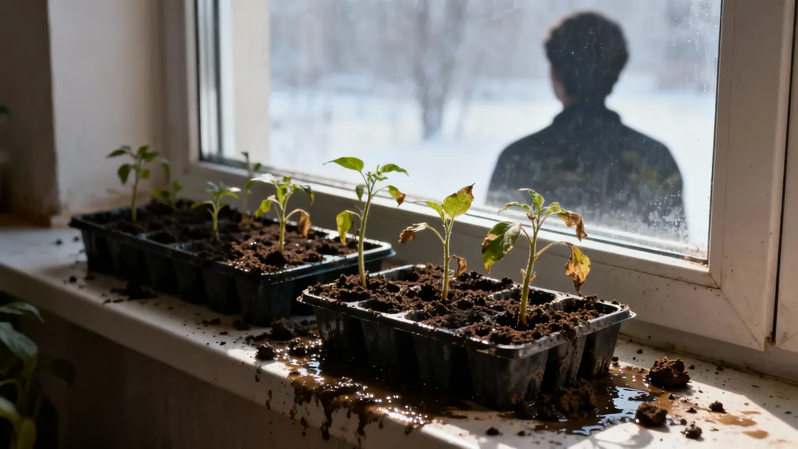 Jeunes plants frêles rebord fenêtre terreau trop humide
