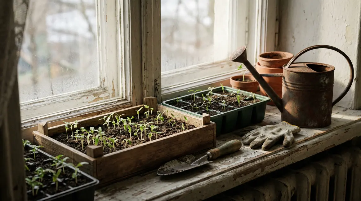 Caissettes de semis jeunes pousses lumière naturelle hiver