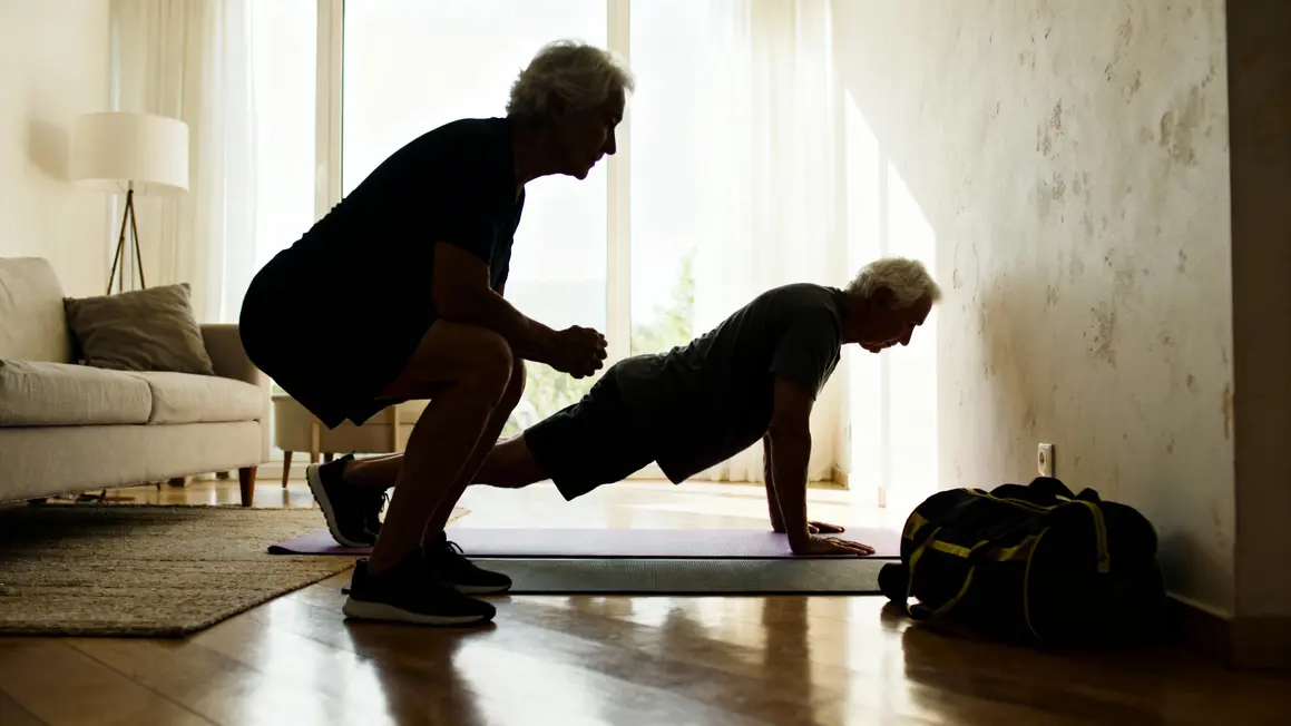 seniors font squats et pompes murales dans salon lumineux