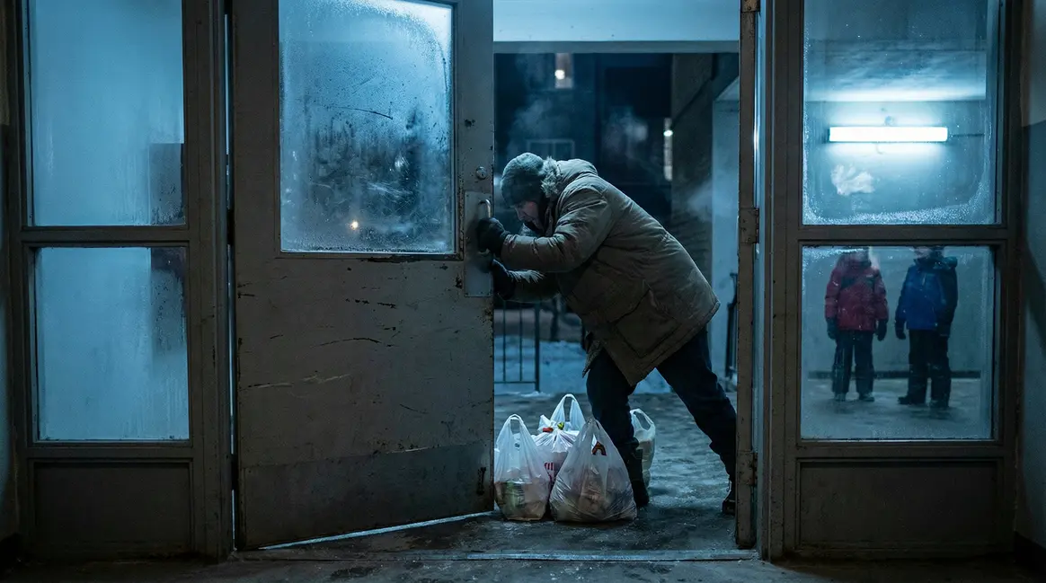 Personne ouvrant porte HLM gelée enfants hiver