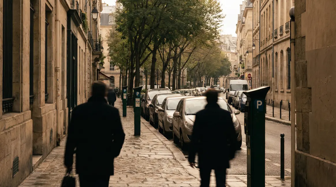 Rue française matin, voitures stationnées, horodateur, ambiance quotidienne