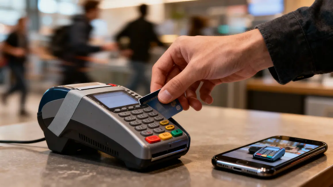 Main insérant carte sur terminal piégé, notification arnaque