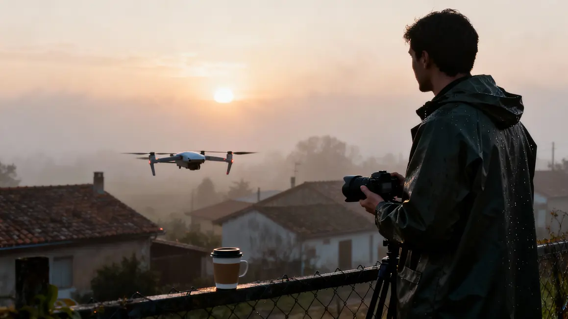 Tournage drone et caméra matin campagne