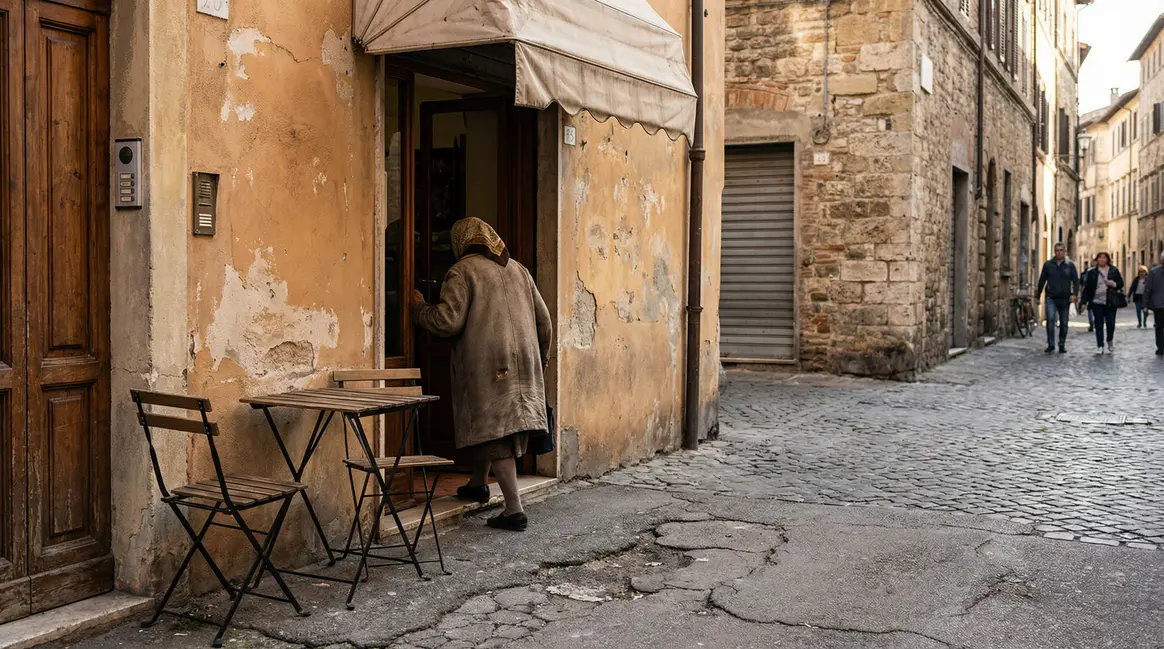 Femme âgée dos sortant restaurant italien Turin retraite faible