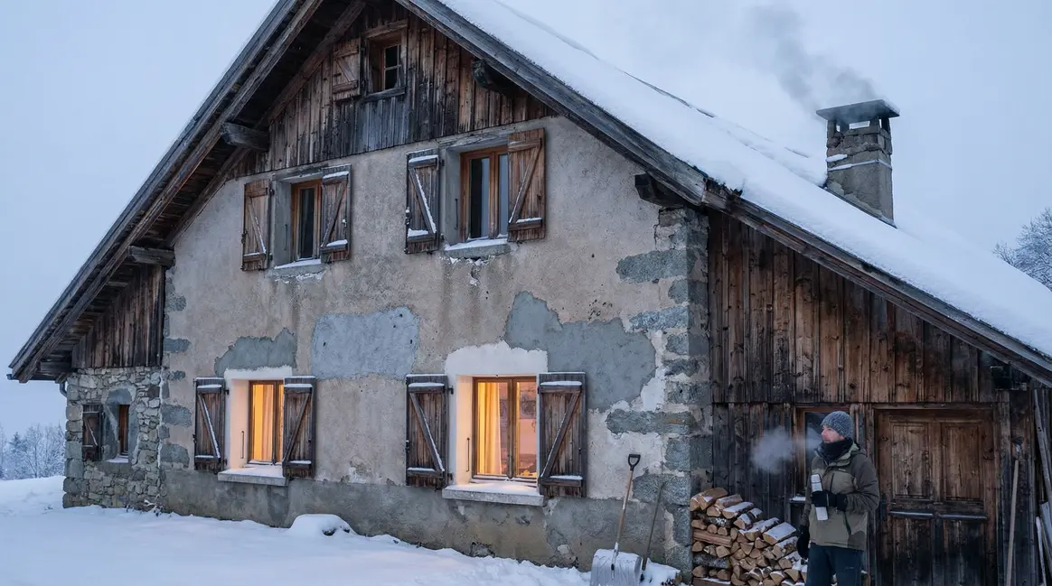 Maison ancienne sous la neige avec volets fermés, isolation et chauffage
