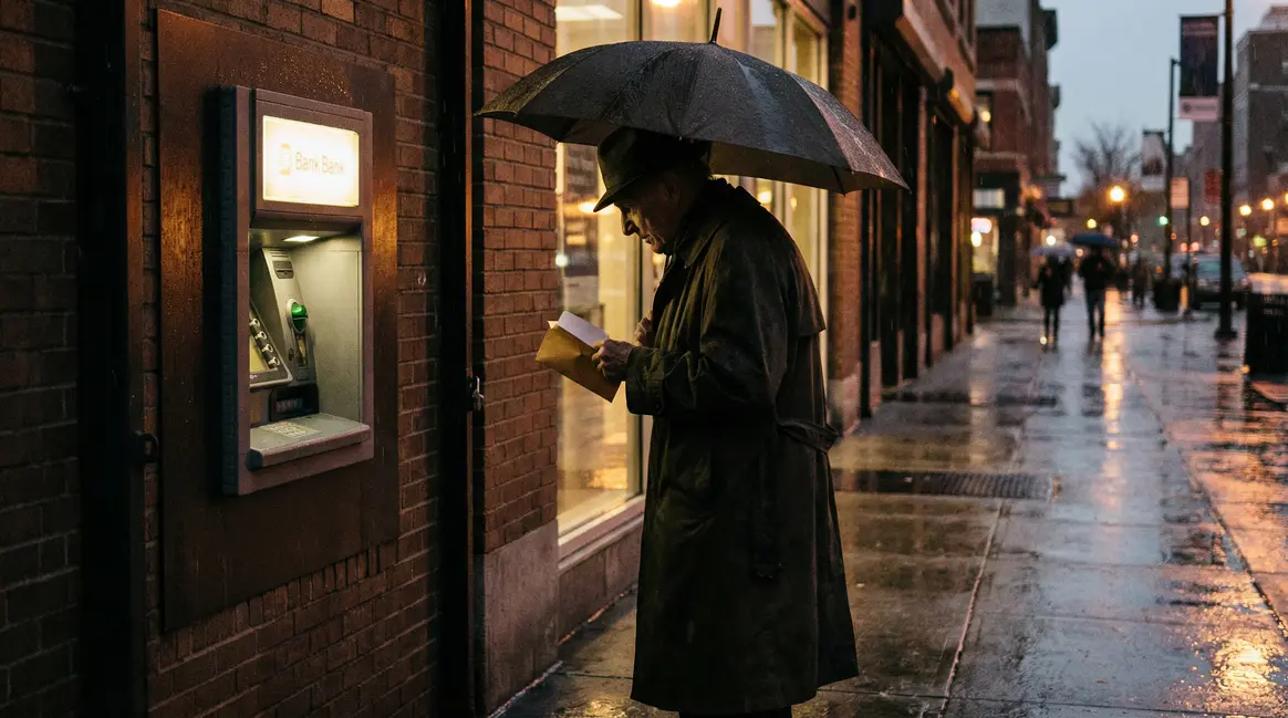 Arnaque distributeur automatique senior sous la pluie