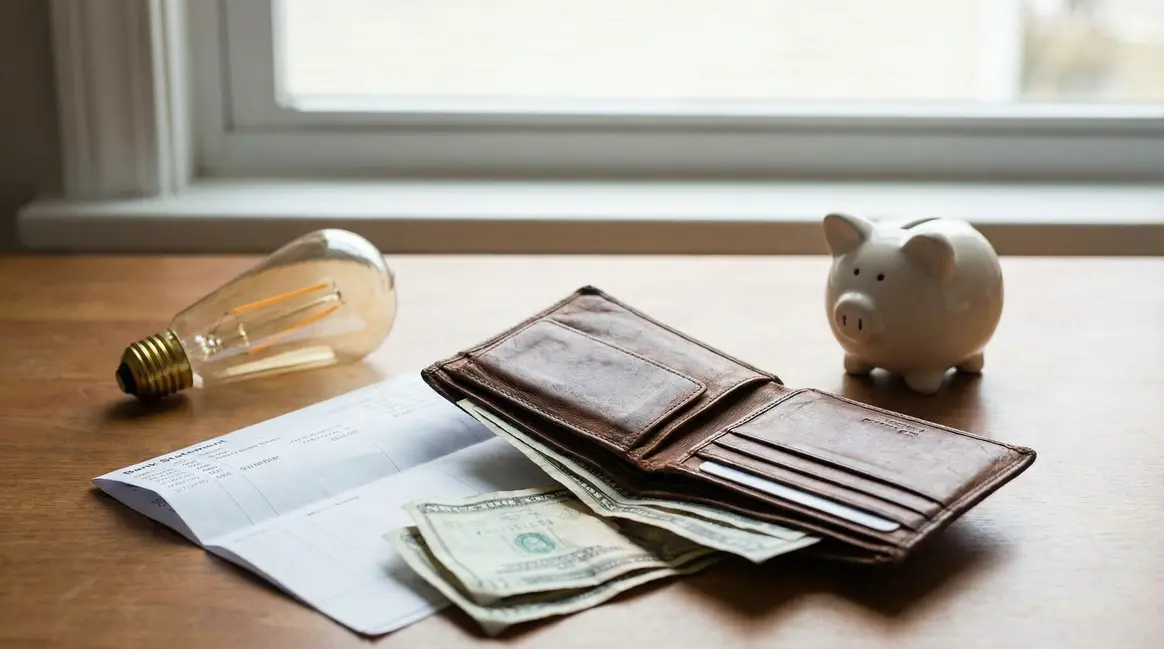 Portefeuille ouvert, factures et ampoule pour illustrer les changements financiers février