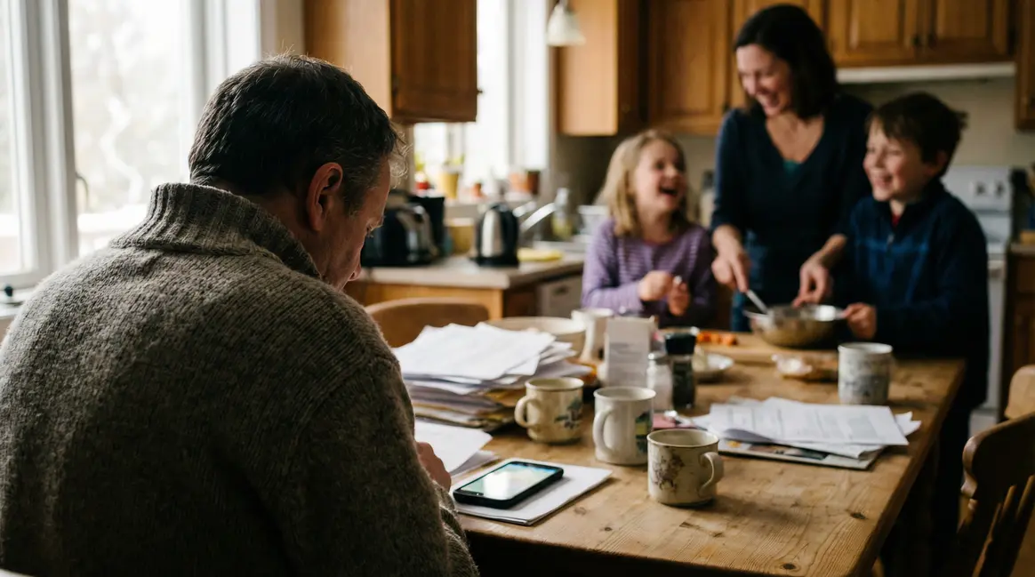 Homme consulte chèque énergie table cuisine famille