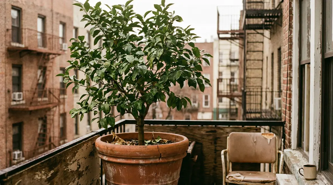 citronnier en pot avec feuilles denses sans fruit en janvier