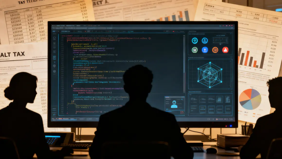 Algorithmes contrôle fiscal silhouettes écran code et graphiques