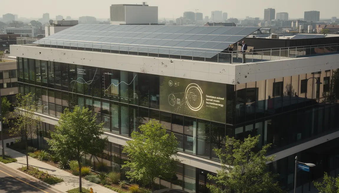 Grand bâtiment tertiaire avec panneaux solaires, decret tertiaire -40%