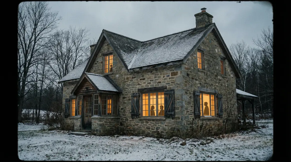 Maison ancienne isolée en hiver lumière chaude