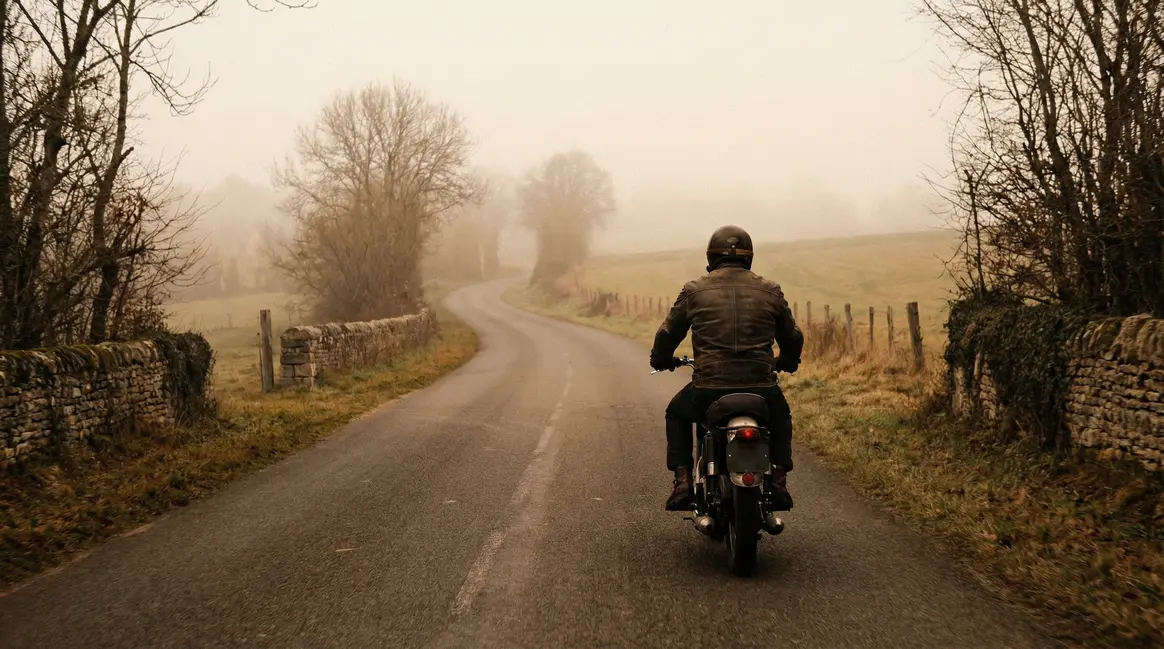 motard solo petit matin brume france souvenir