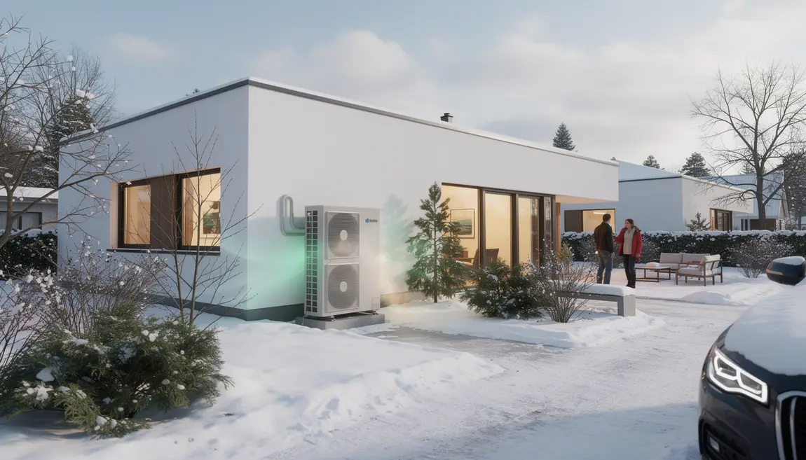 maison moderne hiver avec pompe à chaleur Panasonic et économie énergétique