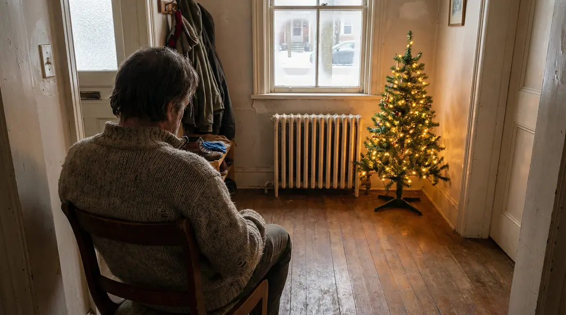 Foyer modeste devant radiateur et sapin prime Noël 2026