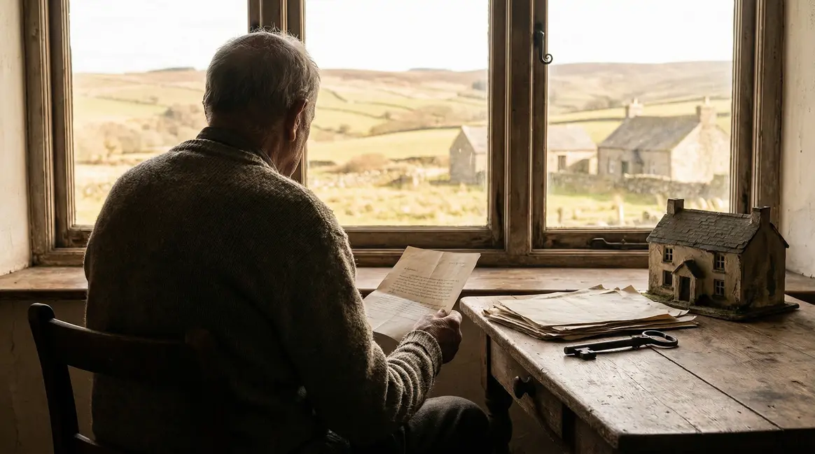 Personne agee devant paysage rural tenant document fiscal