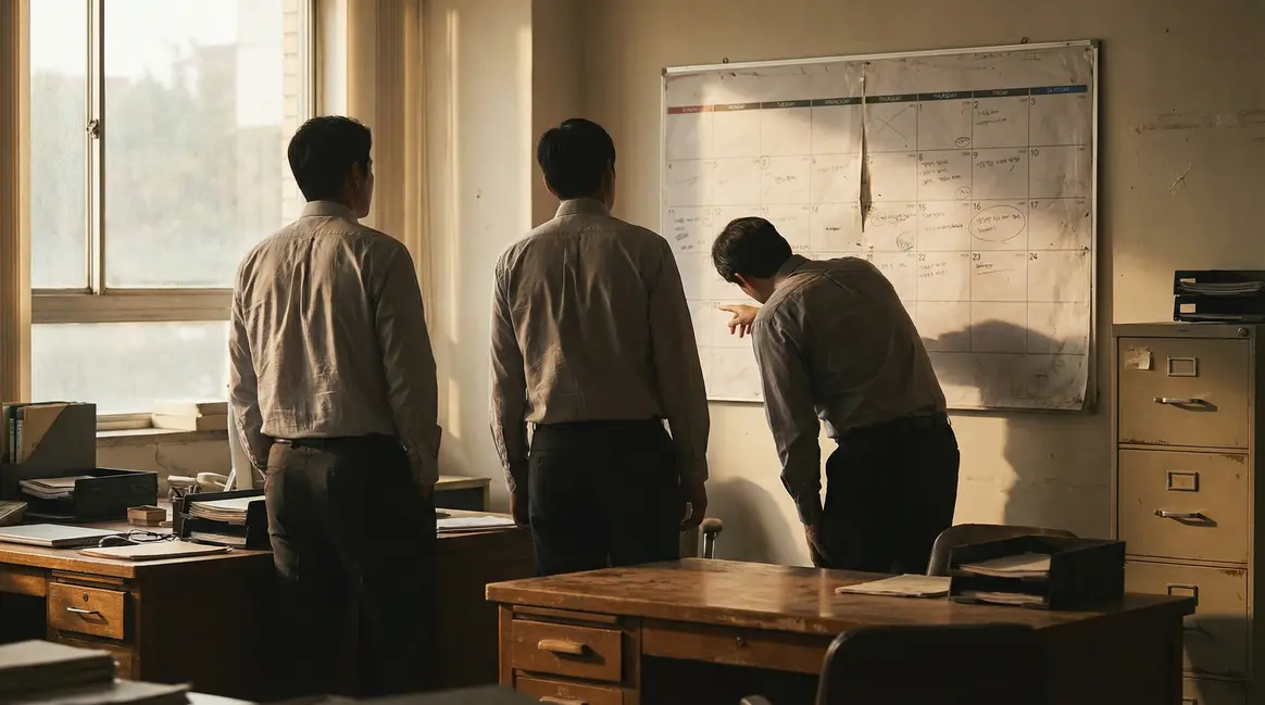 Silhouettes travailleurs devant calendrier mural retraite