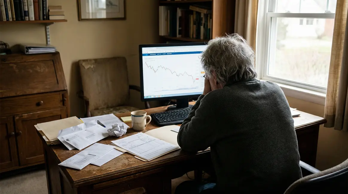 Retraité regardant une pension diminuée sur ordinateur
