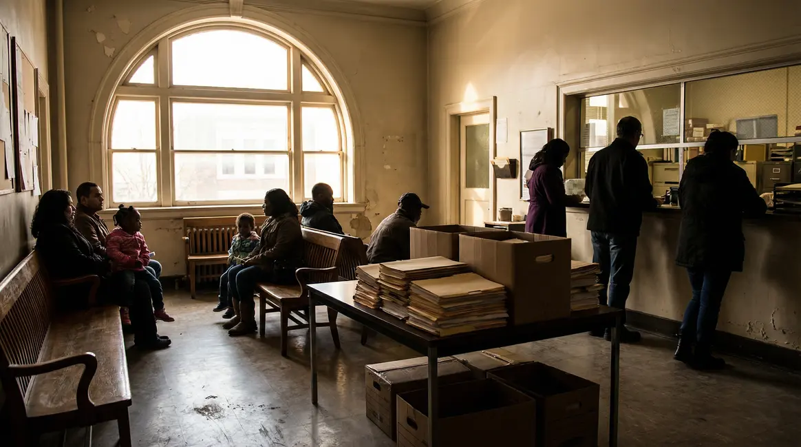 Salle d'attente mairie avec familles et dossiers HLM