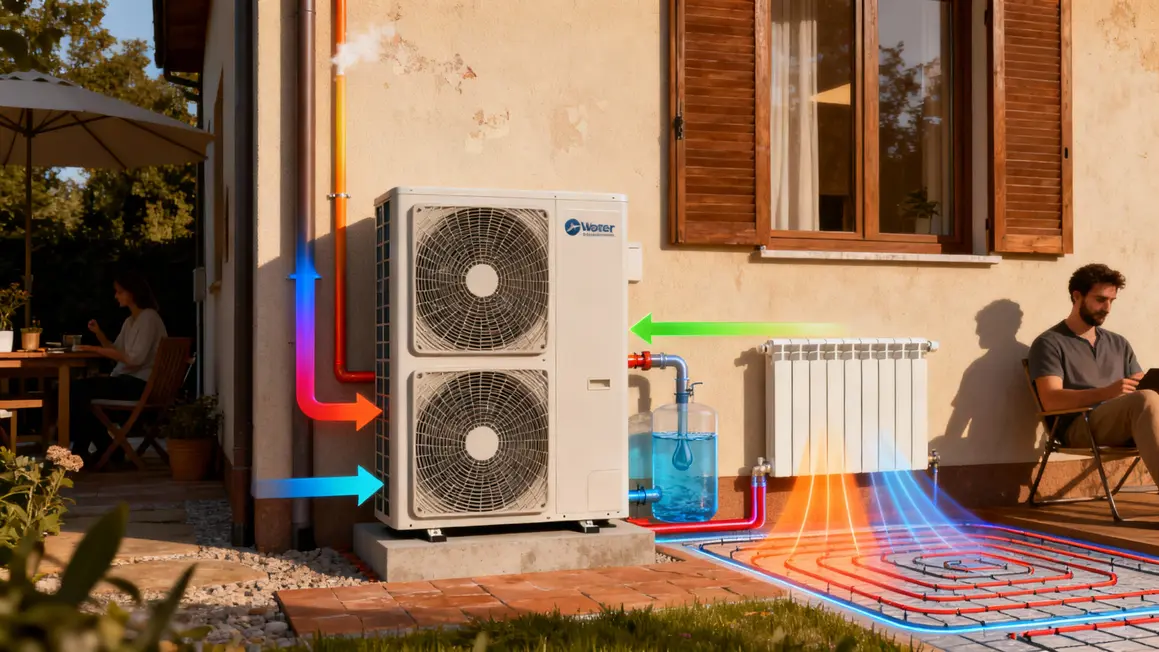 Cycle thermodynamique pompe à chaleur air eau flèches chauffage