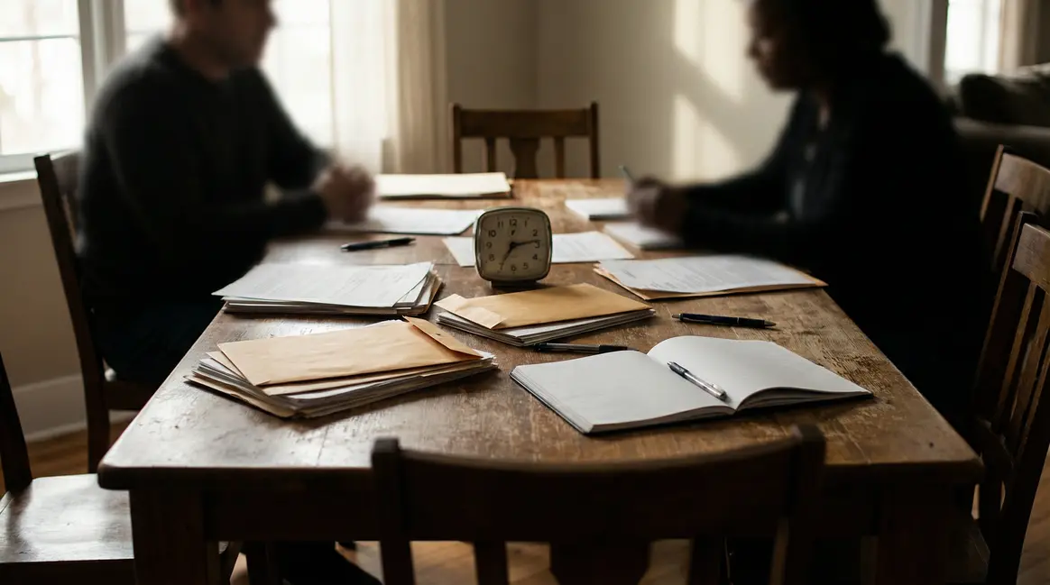 Table familiale succession, papiers fiscaux et horloge