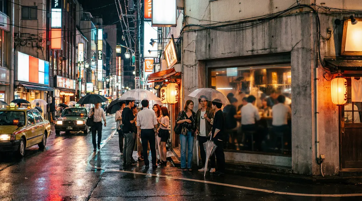 Rue animée Tokyo Shibuya devant bar jeunes U40, ambiance nocturne