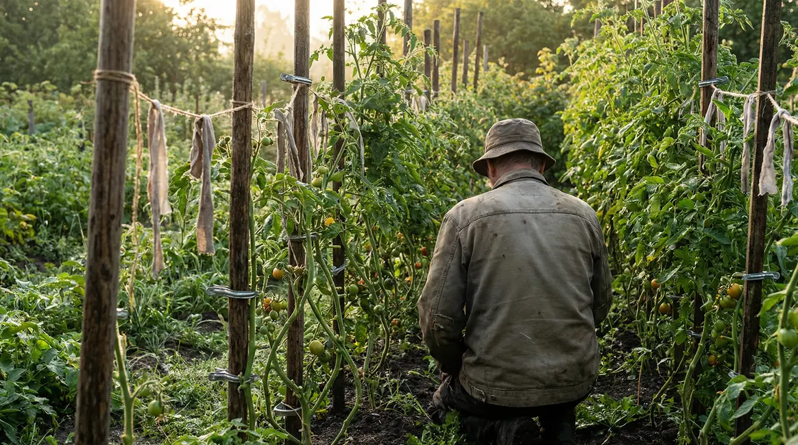Jardinier inspecte tuteurage tomates matin nord