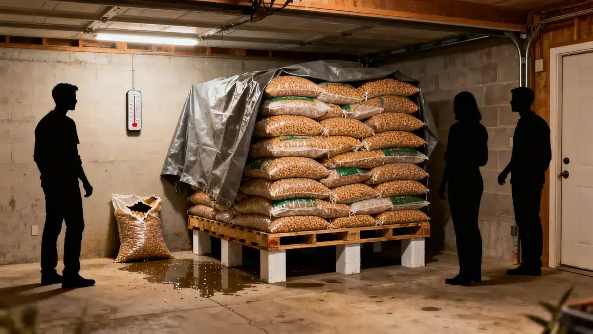 stockage pellets palette sur supports sac abîmé humidité