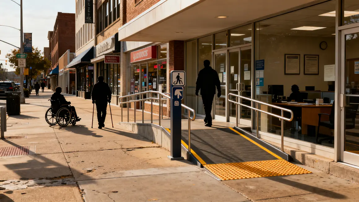 Scène urbaine trottoirs rampes signalétique accessibilité 2026