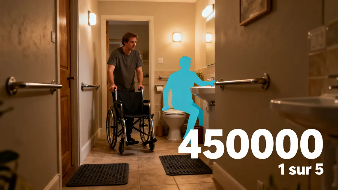 Couloir et salle de bain adaptés contre les chutes avec barres d'appui