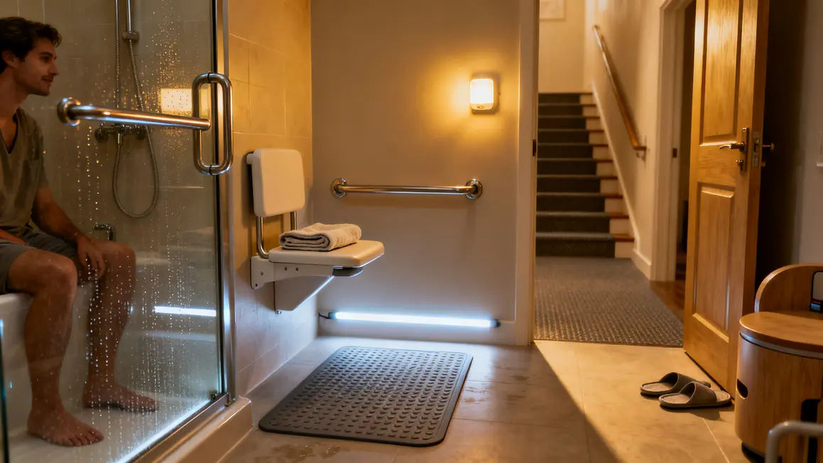 Salle de bain adaptation du domicile avec douche plain-pied sécurisée