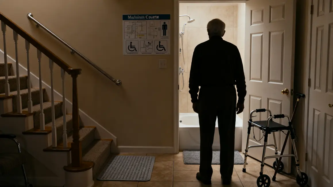 senior vérifie sécurité escalier douche adaptée à domicile