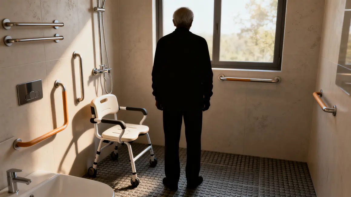 salle de bain adaptée senior avec barres d'appui et accessoires ergonomiques