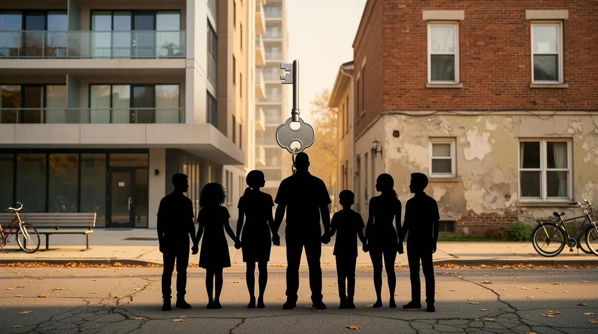 Façade moderne et famille clés aides au logement