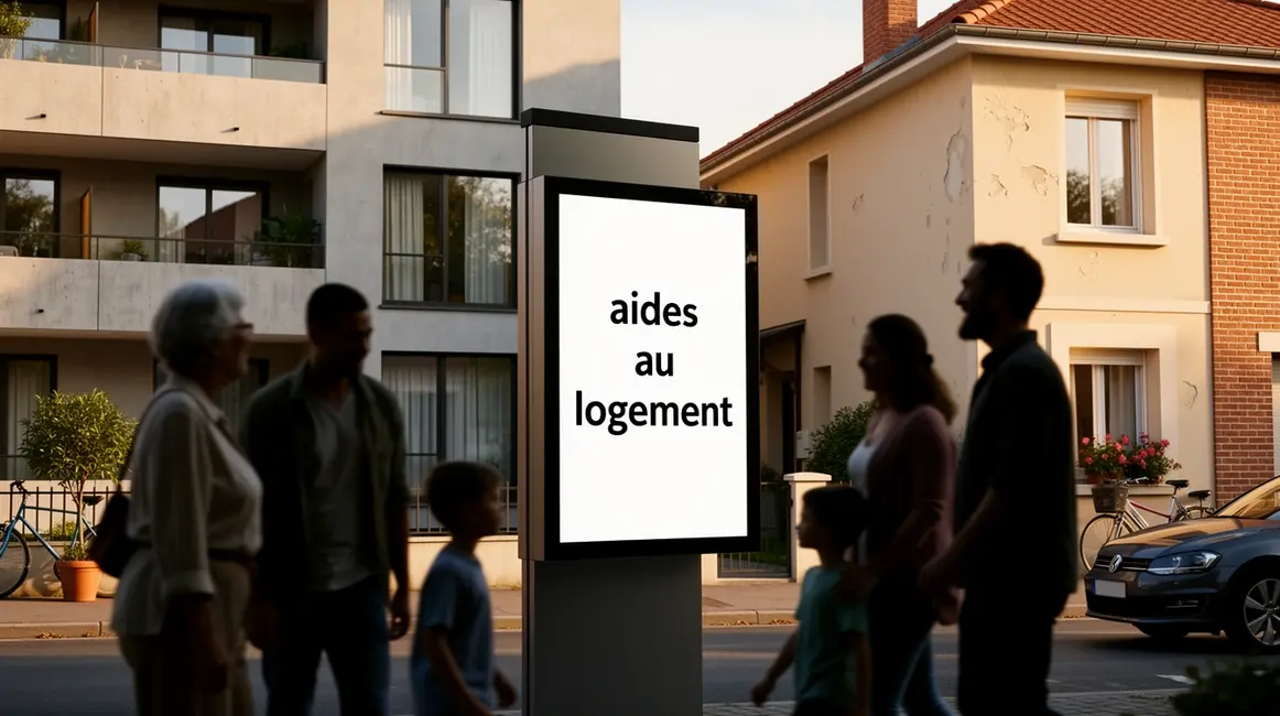 Silhouettes familles seniors jeunes immeuble pavillon aides au logement