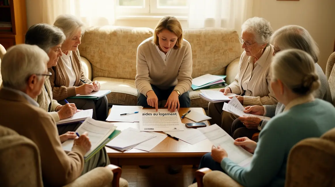 groupe de personnes seniors modestes aidés par un conseiller aides au logement