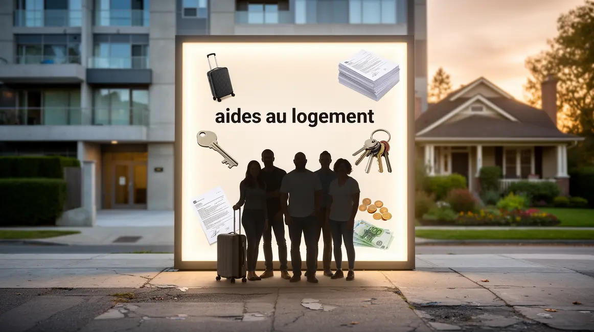 aides au logement silhouettes devant immeuble moderne et pavillon