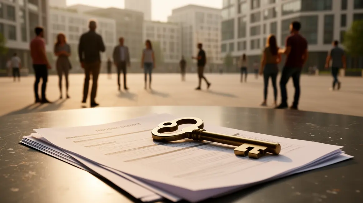 Image aides au logement, silhouettes devant immeuble et clé