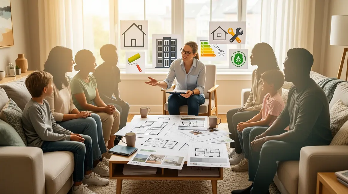 Conseiller et familles autour aides logement au quotidien