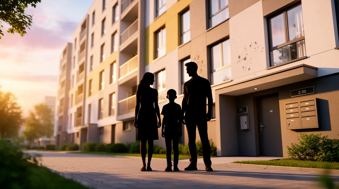 Famille devant immeuble ambiance aides logement