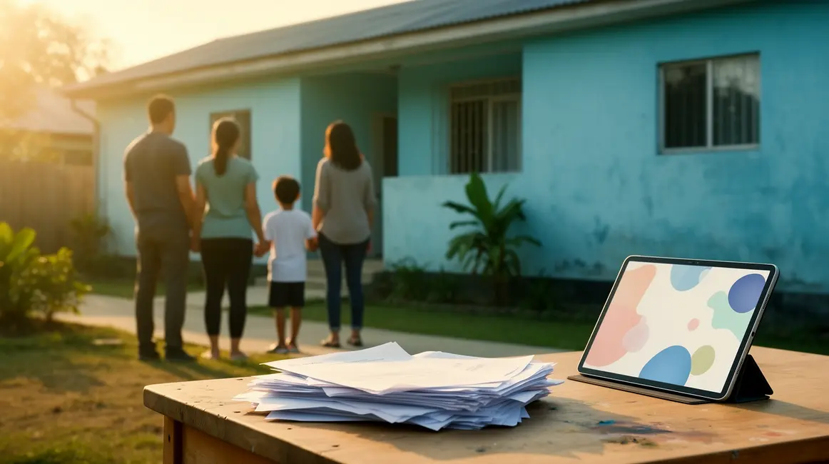 Aides logement famille devant maison dossier