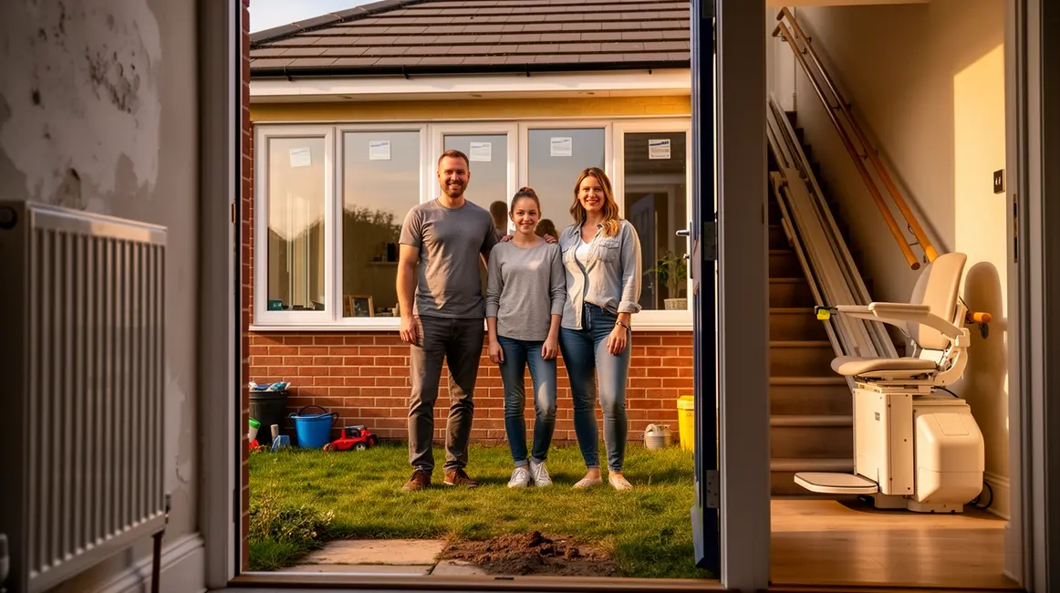 Famille devant maison rénovée, objets confort aides logement