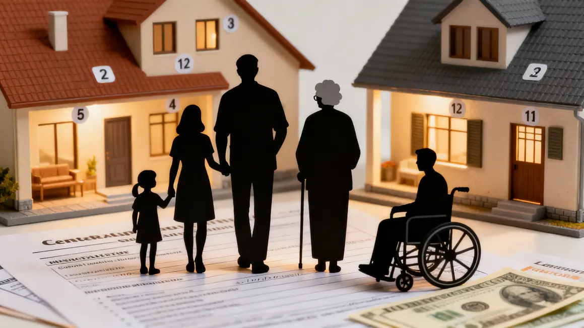 Silhouettes profils devant maisons, aides logement