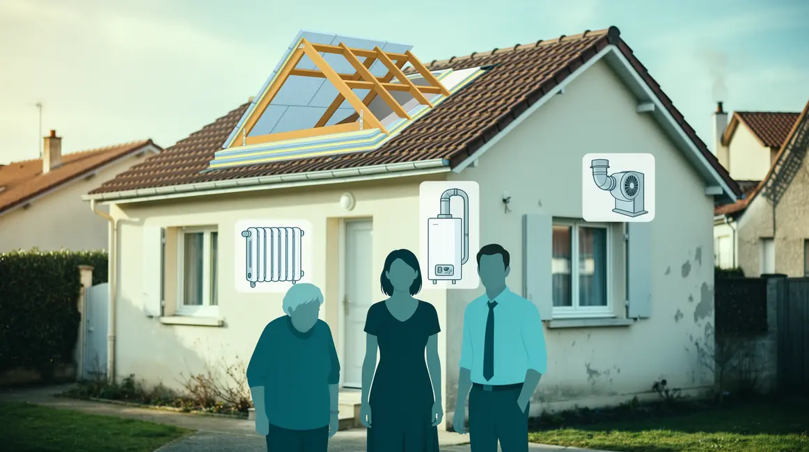 Scène maison familiale aides rénovation énergétique silhouettes 2026