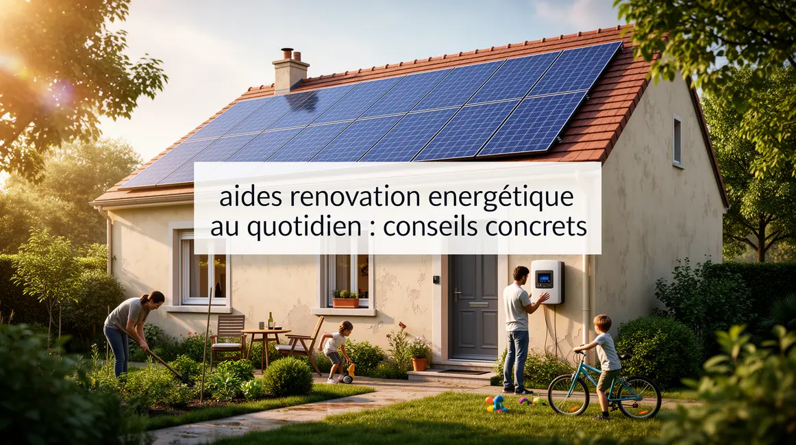 Scene maison familiale avec panneaux solaires et aides renovation energetique