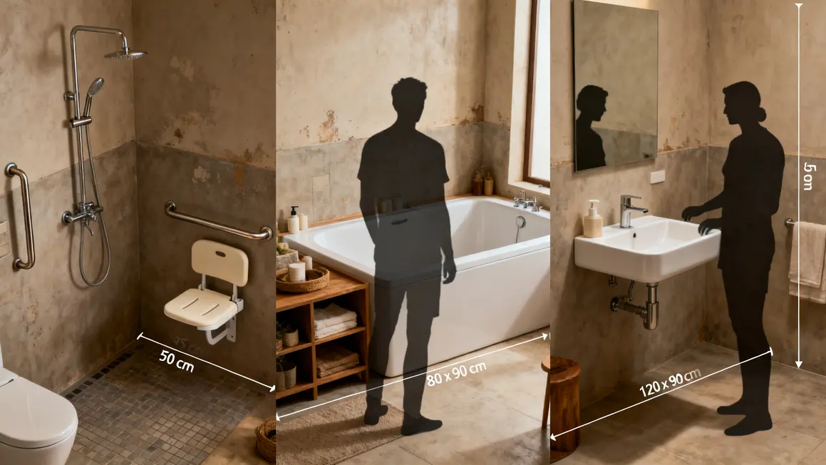 Trois exemples salle de bains adaptée : douche 120x90 cm, baignoire basse, vasque suspendue