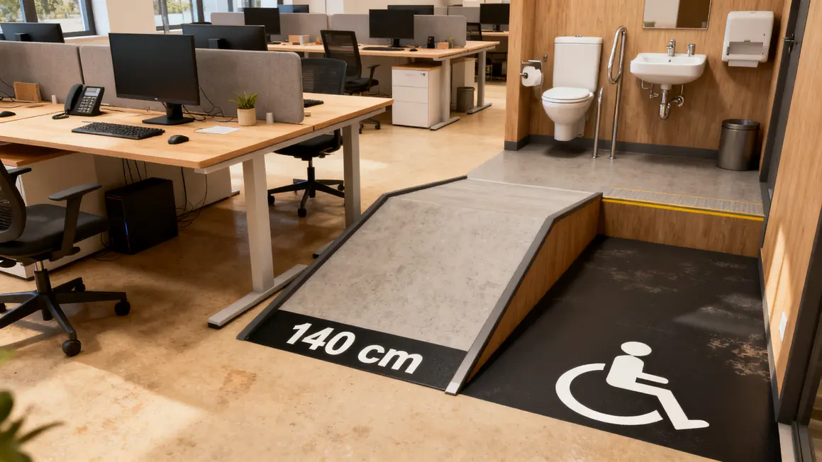 Intérieur bureau moderne accessibilité 2026 avec rampes sanitaires adaptés